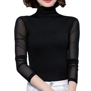 Sexy Mesh Tops Blouse Women Turtleneck Long Sleeve Elasticity Black Shirt Silm Blusas Mujer De Moda Casual Shirts 240102