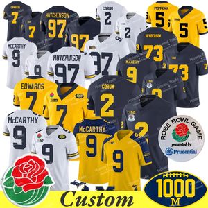 Michigan Football 2 Blake Corum 1000 vittorie Rose Bowl Patch JJ McCarthy Jersey Donovan Edwards 97 Aidan Hutchinson 10 Tom Brady Henderson Special Tuttle