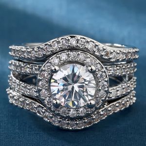 Antico anello di diamanti da laboratorio 3 in 1 con set di anelli per fedi nuziali in oro bianco 14 carati per le donne, regalo di gioielli per anniversario di promessa nuziale