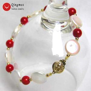 Bangle Qingmos 1213mm Coin Natural Freshwater White Pearl Bracelet for Women Jewelry with 6mm Round Natural Red Coral Bracelet 7.5"