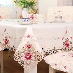 Table Cloth Dining Tablecloth Beige Satin Round Cover Europe Luxury Embroidered Rose Chair Dustproof Home Decoration