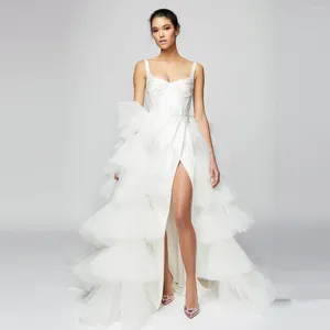 Vestidos casuais cetim longo reto split nupcial com trem destacável puro branco 2 peças vestidos de casamento fofo em camadas overwrap saia