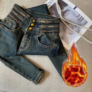 Kvinnors jeans retro mager tjock student denim byxor vinter snö varm plysch stretch mamma hög midja avslappnad fleece sammet byxa