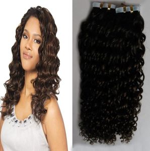 2 donkerbruine afro kinky krullende tape in human hair extensions 100g Mongoolse kinky krullend haar 40pcsSet huidinslaghaar2318553