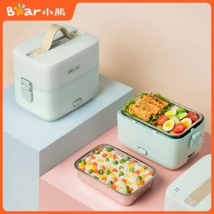 Bear Doppelschichtige elektrische Heiz-Lunchbox, tragbar, klein, Bento, zum Erhitzen von Lebensmitteln, schnell gedämpfter Reis, gekochtes Gemüse, Arbeitsmahlzeit 240103