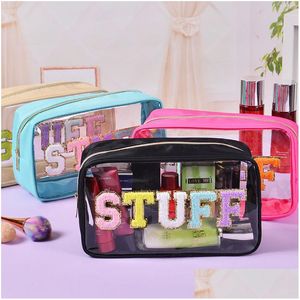 Storage Bags Waterproof Transparent Pvc Cosmetic Bag Embroidered Letters High-Value Large-Capacity Travel Toiletry Convenient Drop D Dhmq4