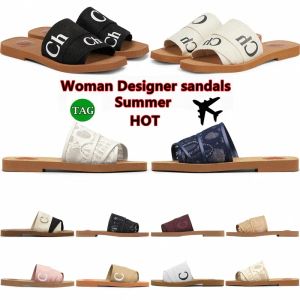 Woody Slippers Sandals Mules Flat Slide Light Tan Beige White Black Pink Lace Lettering Fabric Canvas Scuffs platform Slide