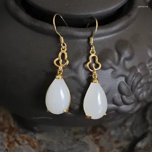 Dangle Earrings S925 Sterling Silver Ornament Fashionable Exquisite Drop Shape Natural Hetian Jade White Retro