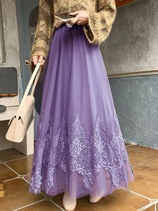 Dresses TIGENA 3 Layers Patchwork Lace Tulle Maxi Skirt Women 2023 New Elegant Solid Purple A Line High Waist Long Mesh Skirt Female