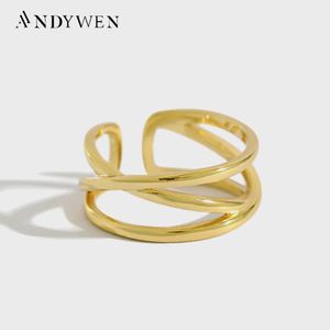 Andywen 925 Sterling Silver Gold Line Cross Resizable Rings Women Luxury Plain Wedding Jewelry Rock PunkJewels Gift240103