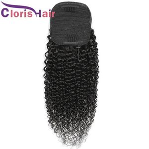 Paardenstaarten Trekkoord Echt haar Paardenstaart Kinky Krullend Braziliaans Maagd Clip-on extensions met clips in Voor zwarte vrouwen Natuurlijke krullen Aanpassen