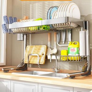 Rack de pia para cozinha, armazenamento de cozinha, mesa multifuncional, dreno de prato, aço inoxidável, suporte superior de talheres