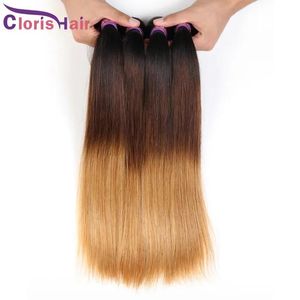 Tramas loira ombre cabelo virgem malaio pacotes retos três tons 1b 4 27 extensões ombre barato raízes escuras loira em linha reta humano hai