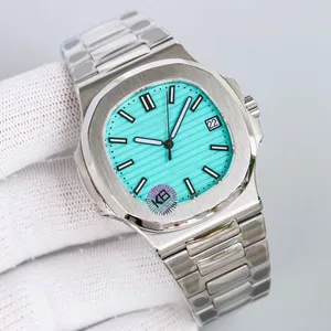 Movimento Gravado Mens Watch PP Automático Mecânico Aço Inoxidável Transparente Tiffanyco Blue Dial Homens Relógios Esportes Relógios de Pulso Com Caixa