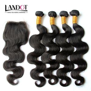 Wefts 5 pçs / lote indiano onda do corpo virgem cabelo humano tece 4 pacotes com fechamento de renda não processado fechamentos superiores de cabelo indiano 4 * 4 tamanho natur