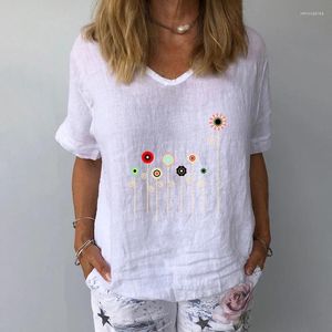 Damenblusen Frühling Sommer Blumenbedruckte Hemden Frauen Elegantes Leinen-Baumwollhemd Lässige lose V-Ausschnitt Kurzarm-Oberteile Blusas Mujer