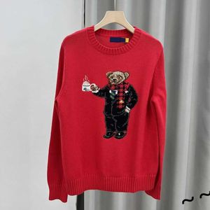 New RL Autumnwinter Red Cotton Little Bear Bear Shirt للنساء المصنوعة من مواد نقية مع نمط مطرز باليد جيدة