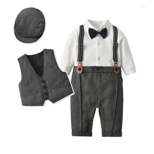Conjuntos de roupas nascido bebê menino outono primavera arco macacão chapéu colete 3pcs festa de aniversário cavalheiro vestido terno