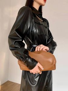 Casual Dresses Lautaro Spring Long Leather Shirt Dress Women With Puff Sleeve Belt Pockets Buttons Faux för 2024 7xl