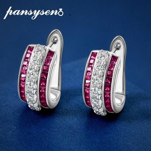 Charm Pansysen Vintage 100% 925 Sterling Silver Ruby Sapphire High Carbon Diamond Gemstone Hoop Earrings Party Fine Jewelry Wholesale
