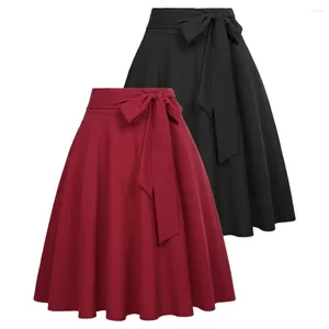 Röcke BP Frauen Einfarbig Swing Rock Gürtel Verziert Knielang Ausgestelltes A-Linie Frühling Sommer Dame Vintage Casual Streetwear