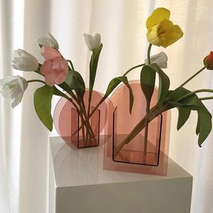 Vases Simple Desktop Decoration Plant Floral Container Ins Trend Round Arched Vase Coffee Pink Colored Acrylic Geometric