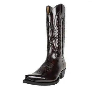 Botas masculinas preto falso couro retro bordado masculino ocidental cowboy apontou cabeça tubo médio calçado grosso sola