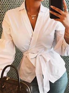 Camicie Eleganti Women Bluse Celmia 2023 Summer Long Lantern Sleeve PEPLUM Tunica Tunica sexy Vneck Belted Chave Chave Selie Shirts Shirts