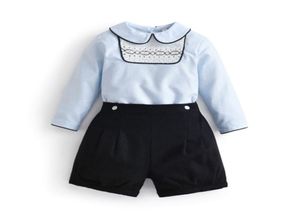 2 pçs crianças boutique meninos smocked roupas conjunto bebê estilo espanhol terno da criança feito à mão blusas smocking preto shorts 27495410