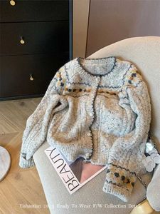Kadın Sweaters Fransızca Zarif Örme HARDIGAN Çiçek Baskı Kadınlar Harajuku Büyük Boy Kazak Bohem O-Neck Uzun Kollu Kore Sokak Giyim Y2K J240103