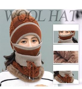 3PCSSET NEW WOMEN SCARF CAP WINTER WARE SETS MASK COLLAR FACE Protection Girls Accessory Women Scarf Balaclava PomPoms Knitte