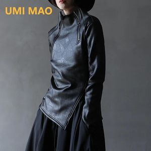 Jackets UMI MAO Dark Yamamoto Style Irregular Stand Collar Diagonal Zipper Faux Leather Sweatshirt Female Cool Black Gothic Jacket Y2K