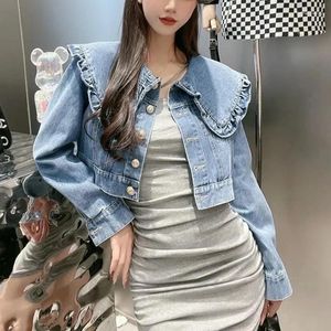 Jaquetas femininas boneca pescoço emenda versão coreana solto casacos curtos moda único breasted manga comprida feminino casual jaqueta jeans