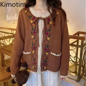 Kimotimo doce bordado cardigan camisola feminina outono inverno vintage em torno do pescoço rendas até contraste de malha topo moda y2k casaco 240103