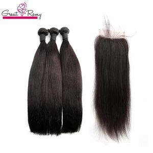 Wefts Greatremy 100 Malaysian Human Virgin Hair Bunds With Lace Closure Silkeslen Straight Natural Color Hair Wefts With Top Lace Stängning