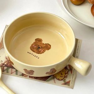 Plates Korean Bear Pattern Bowl Single Handle Baked Rice Deep Disc Fruit Vegetable Salad Plate Snack Cake Dessert Dish Ramen Bowls