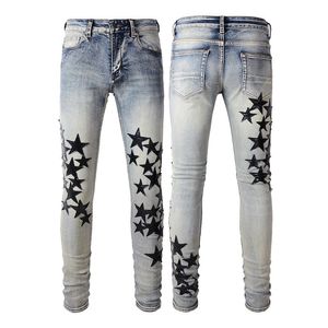 EUA Hip Hop Streetwear Zíper Reto Azul Estrela de Cinco Pontas Jeans Amiryes Masculino Juventude Stretch Slim Fit