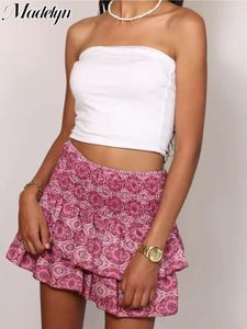 Kjolar 2024 säljer kvinnor sexig minikjol veckad ruffle tryckt mode vintage kort för damer flounce rosa sommar
