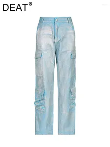 Kvinnors jeans höga midja silverbelagda flera fickor rak full längd last denim byxor 2024 vinter mode
