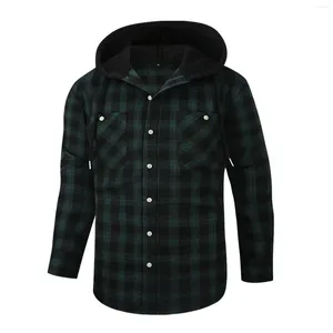 Men's Casual Shirts Spring Fashion Hooded Woolen Flannel Plaid Shirt Coat Loose Slim Fit