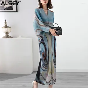 Casual Dresses ALSEY Miyake Pleated Plus Size Fashion Dress Women Spring Summer Retro Simple Printing Bat Sleeve Long Women's