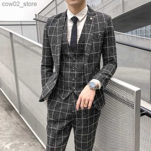 Erkekler Suits Blazers (Ceket + Yelek + Pantolon) Erkek Moda Butik Ekose resmi iş takım elbise ince ekose düğün erkek takım elbise bej gri siyah mavi q230103