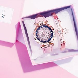 Armbanduhren Sdotter Mode Blumen Diamant Frauen Uhr Armband Set Quarzuhren Casual Leder Armbanduhr Junge