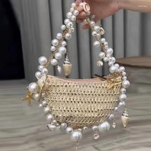 Marsupi Versatile borsa di paglia con conchiglia di perle Vacanza al mare Borsa da donna con finiture in rilievo e catena intrecciata alla moda