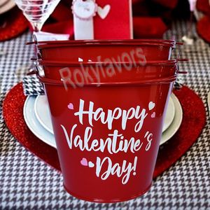 6PCS Red/Pink Valentine's Small Metal Bucket Candy Boxes Sweet Holder Cookie Chocolate Package Party Table Decoration Ideas 4" Mini Pails Wedding Favors