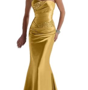 2024 Aso Ebi Gold Mermaid Prom Dress Sweetheart Beaded Satin Evening Formal Party Second Reception Birthday Engagement Gowns Dresses Robe De Soiree ZJ408