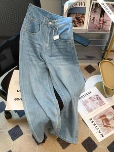 Kvinnors jeans oiinaa blå för kvinnor denim byxor hög midja streetwear repade mamma koreanska mode breda ben raka byxor