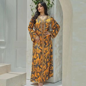 Ethnische Kleidung Dubai Abaya für Frauen Print Kleid Diamanten Bandbesatz V-Ausschnitt Kaftan Marokkanische Robe 2024 Ramadan Damen Türkische Kleider