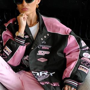 Trench Baseball Giacca rosa Varsity Y2K Streetwear Inverno Donna Abbigliamento Lungo Racer Patchwork Giubbotti Letterman Cappotti 240103