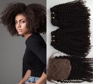 Afro Kinky Curly 44 Fechamento de Seda Com 2 Pcs Cabelo Brasileiro Cor Natural Cabelo Humano Barato Pacotes de Cabelo Virgem Com Fecho 3 PcsLo3093524